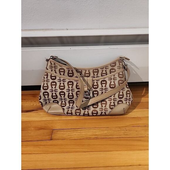 Etienne Aigner Handbags - Vintage Etienne Aigner Shoulder Bag Purse Signature Logo Leather Trim Beige Tan
